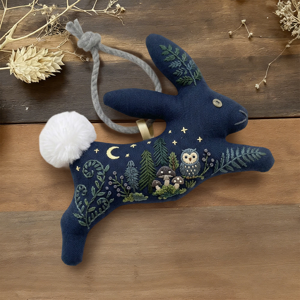 Rubbyoo Rabbit Embroidery Kit - Moon Owl And Pine | Simple Handwork | Unique Hanging Ornament - 6 inches hoop kit - image 1