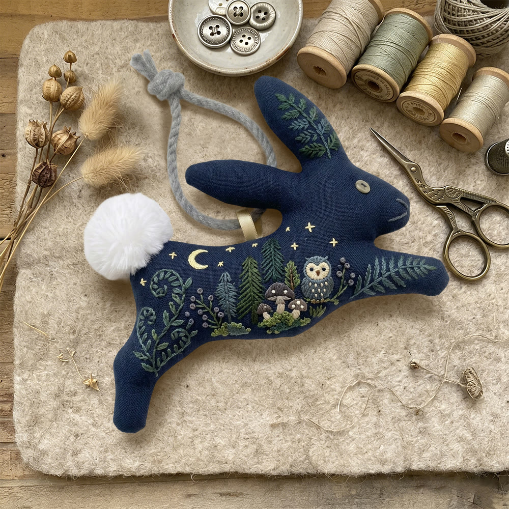 Rubbyoo Rabbit Embroidery Kit - Moon Owl And Pine | Simple Handwork | Unique Hanging Ornament - image 4