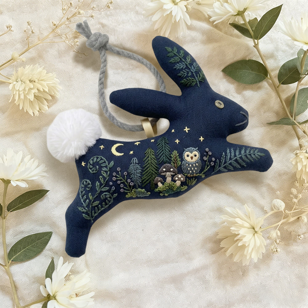 Rubbyoo Rabbit Embroidery Kit - Moon Owl And Pine | Simple Handwork | Unique Hanging Ornament - image 3