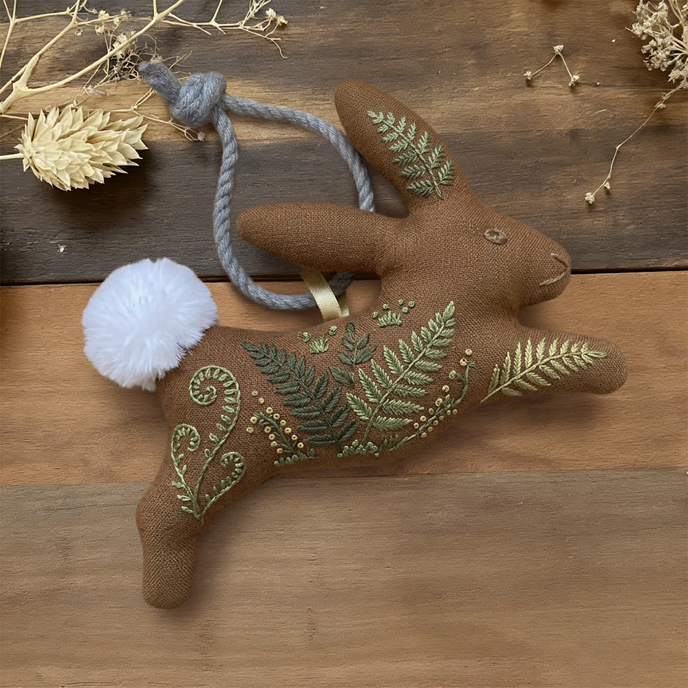 Rubbyoo Rabbit Embroidery Kit - Green Fern Leaves | Entry-level Diy | Elegant Hanging Decoration - 6 inches hoop kit - image 1