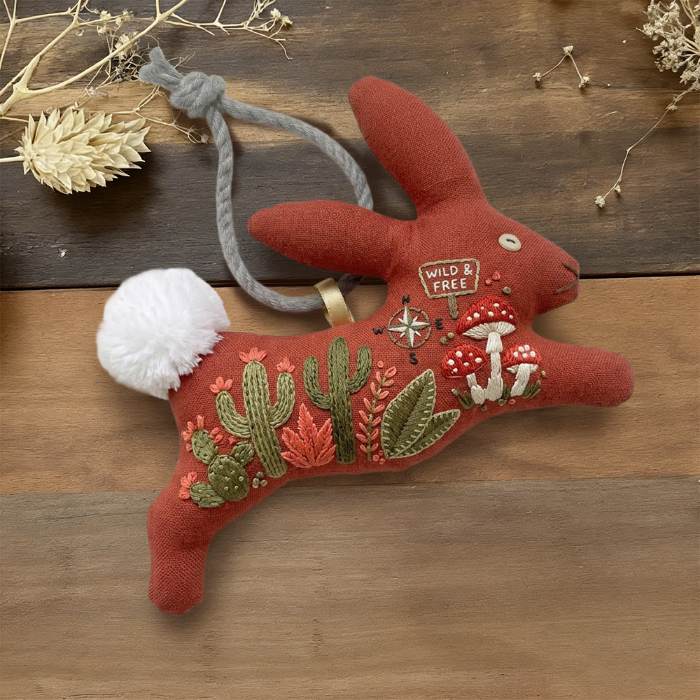 Rubbyoo Rabbit Embroidery Kit - Cactus And Mushroom | Easy Craft Project | Cool Hanging Charm - 6 inches hoop kit - image 1