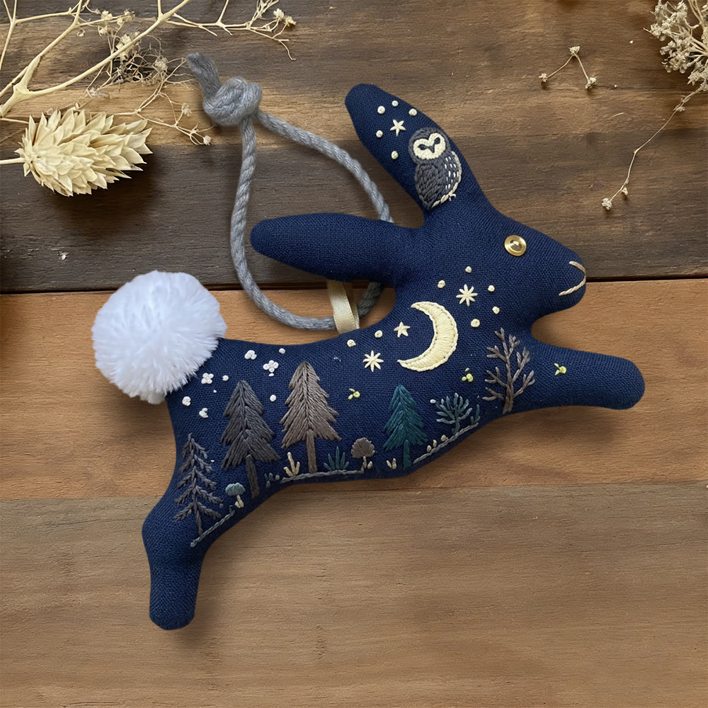 Rubbyoo Rabbit Embroidery Kit - Moon Owl And Forest | Simple Handwork | Ideal Festival Gift - 6 inches hoop kit - image 1