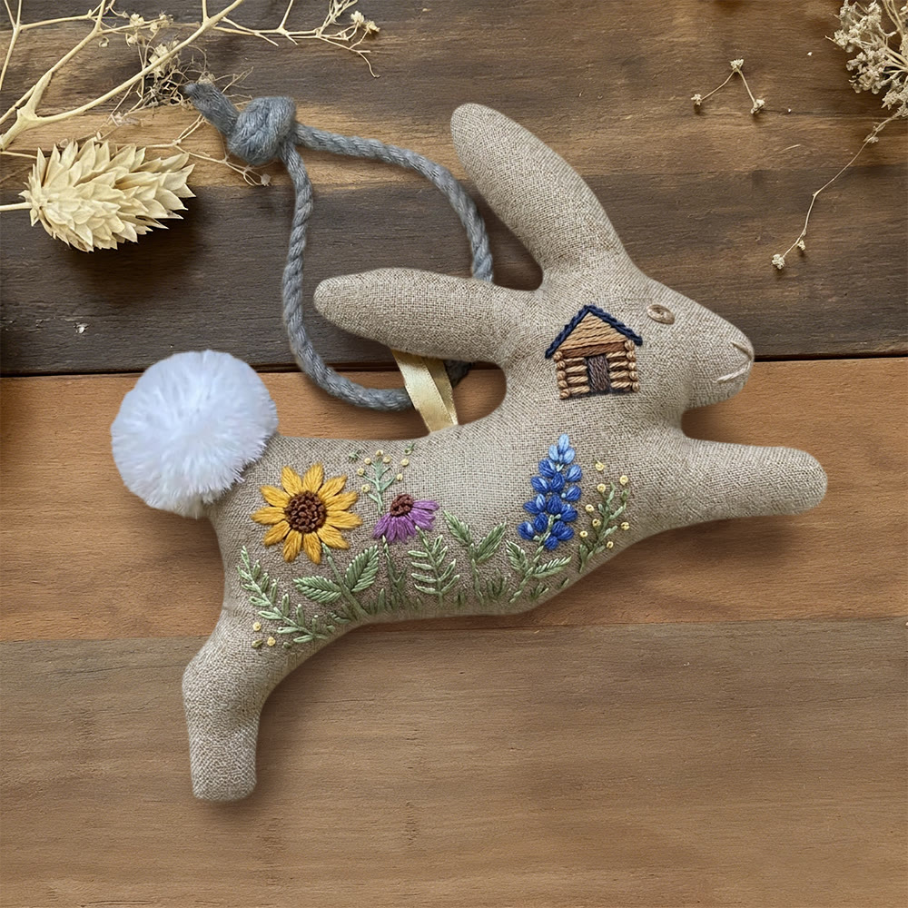Rubbyoo Rabbit Embroidery Kit - Cabin And Wildflower | Easy Diy Project | Delightful Hanging Keepsake - 6 inches hoop kit - image 1