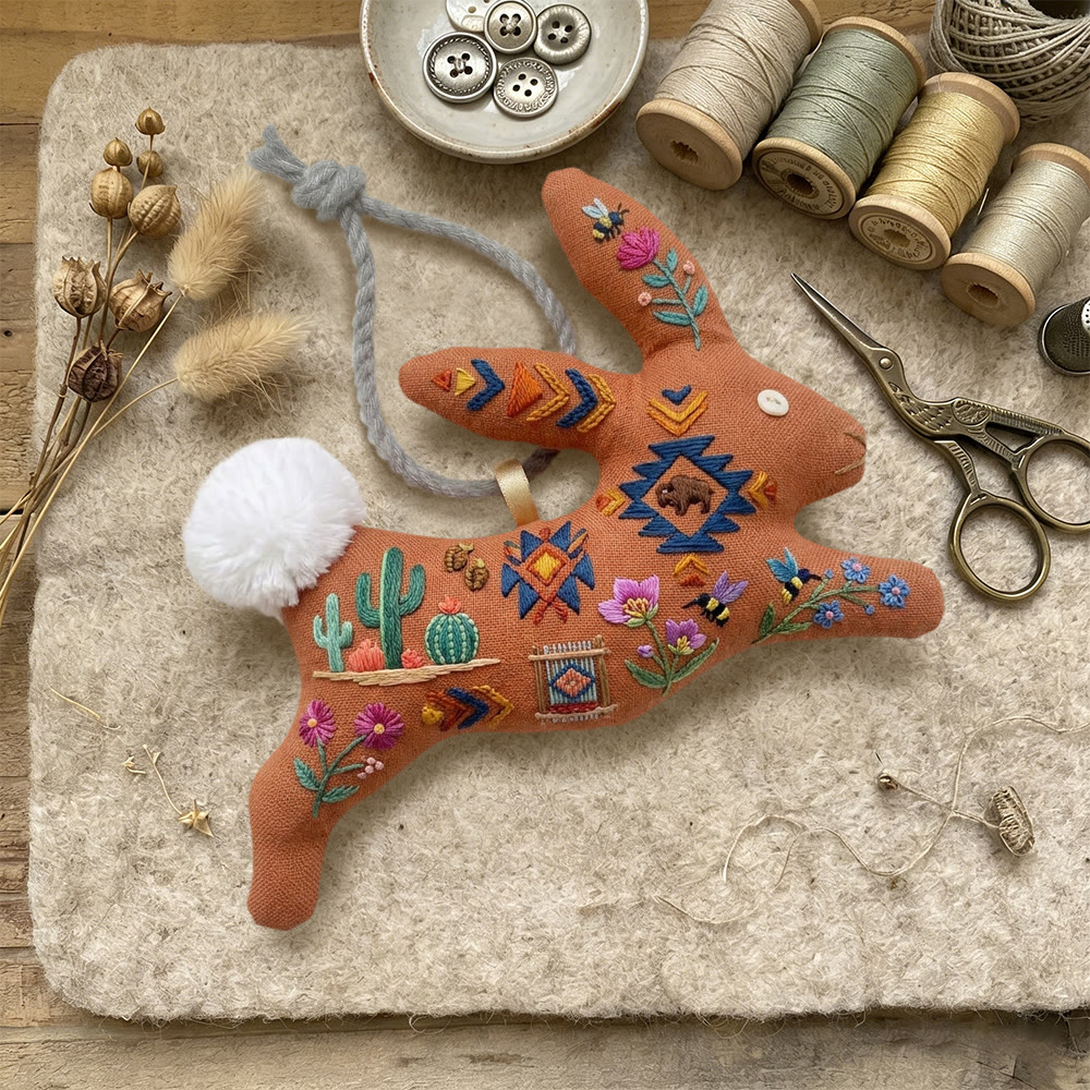 Rubbyoo Rabbit Embroidery Kit - Desert Cactus And Boho Pattern | Quick Craft | Unique Tabletop Accent - image 3