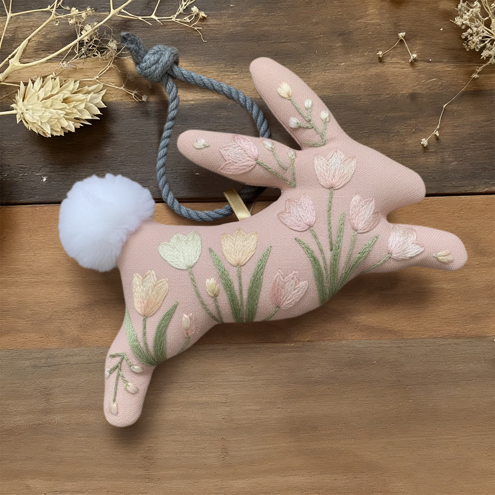 Rubbyoo Rabbit Embroidery Kit - Pink Tulips | Unique Flower Artwork | Gift For Her  - 6 inches hoop kit - image 1