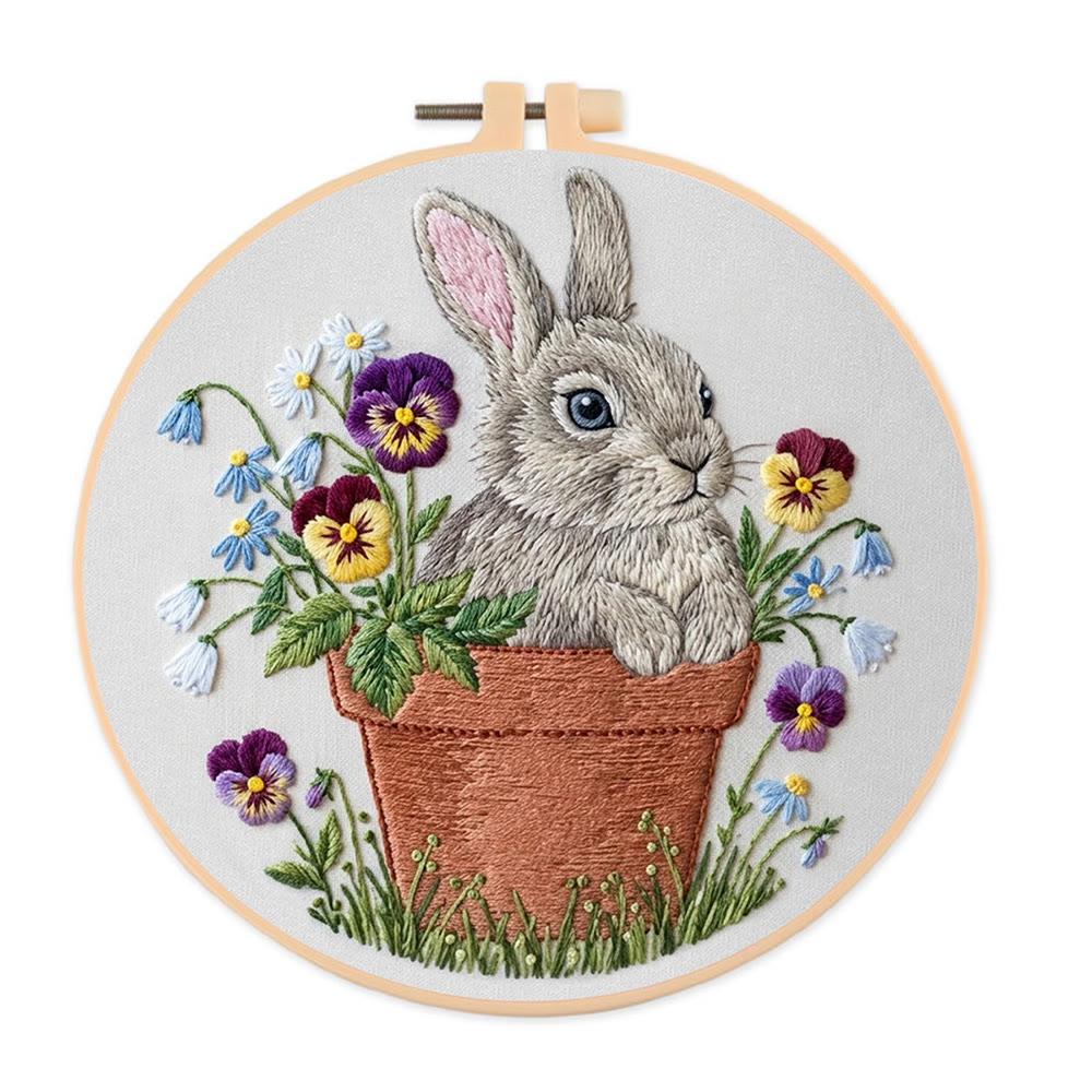 Rubbyoo Embroidery Kit - Rabbit With Flowerpot |  Embroidery Animal Design | Handmade Home Decor - 20*20cm - image 1
