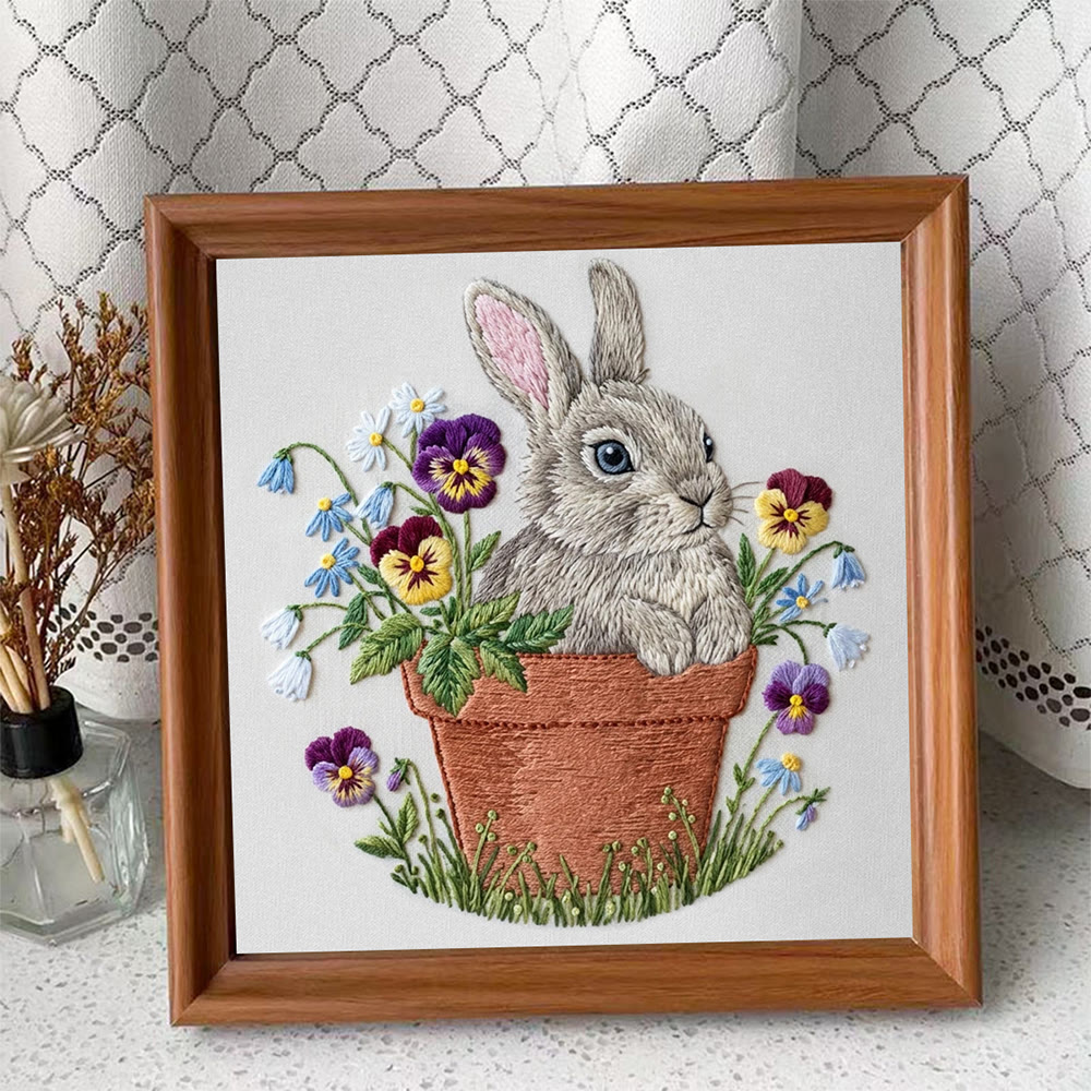 Rubbyoo Embroidery Kit - Rabbit With Flowerpot |  Embroidery Animal Design | Handmade Home Decor - Embroidery Kit Plus An Extra Frame - image 3
