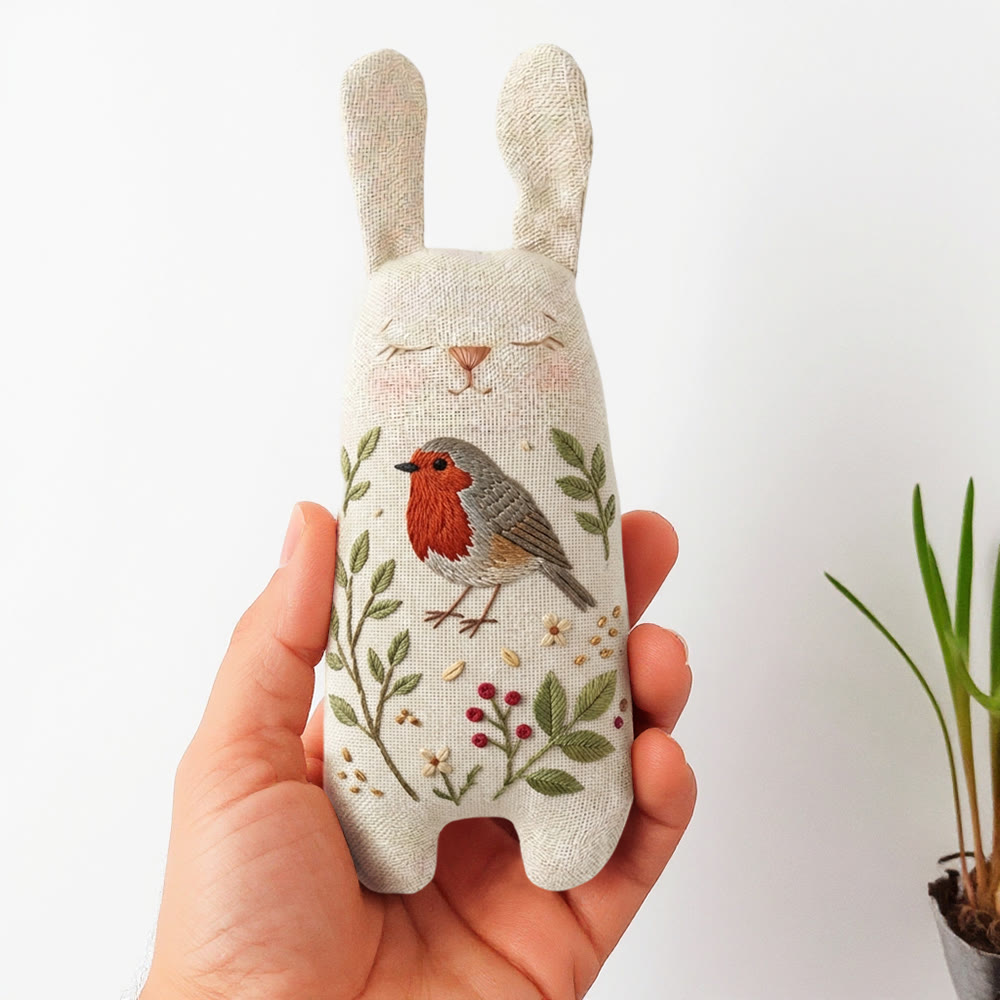 Rubbyoo Bunny Toy Embroidery Kit - Robin And Leafy Vine | Beginner-friendly Craft | Sweet Hanging Ornament - 8 inches hoop kit - image 1