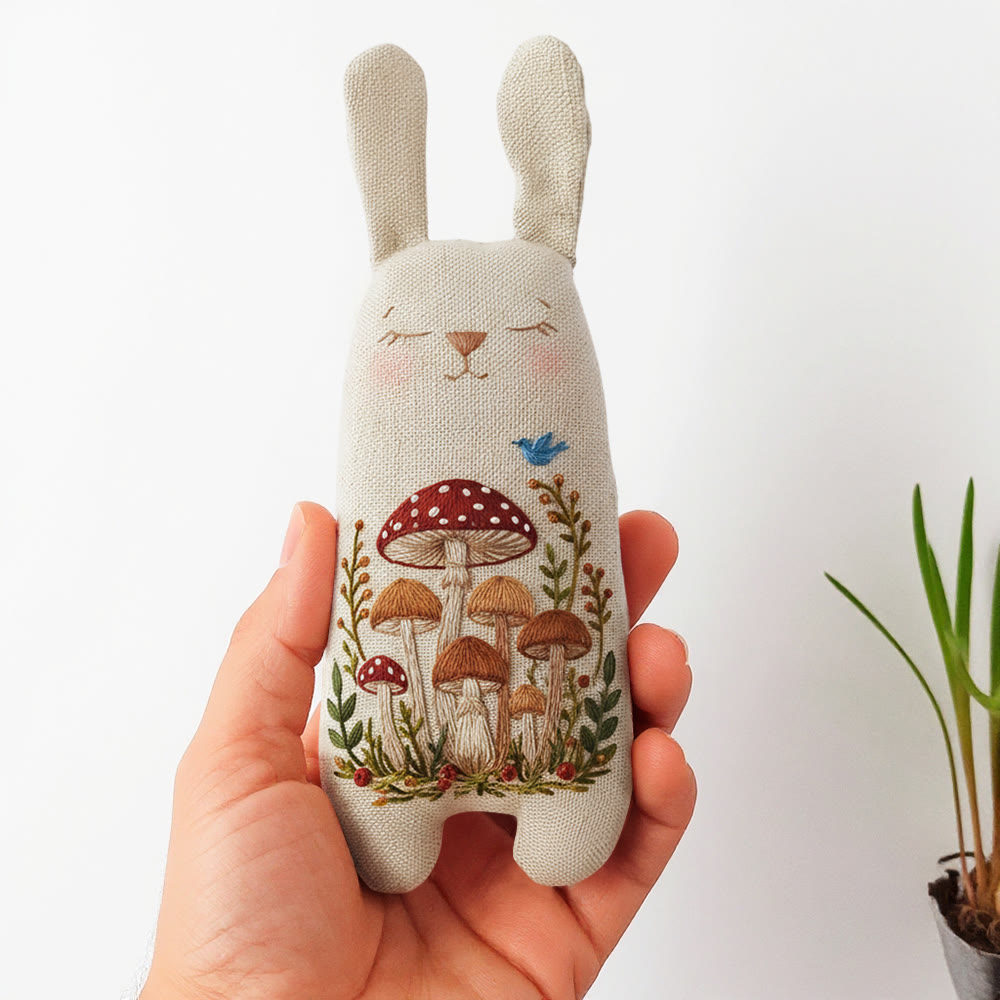 Rubbyoo Bunny Toy Embroidery Kit - Mushroom Cluster and Blue Bird | Easy DIY Project | Whimsical Shelf Decor - 8 inches hoop kit - image 1