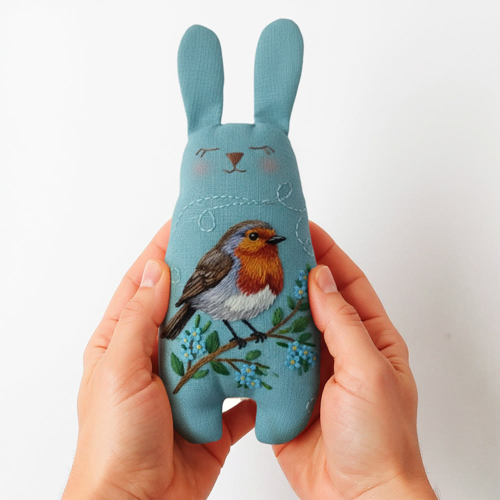 Rubbyoo Bunny Toy Embroidery Kit - Robin On Blue Linen | Novice-friendly Diy | Charming Handmade Gift - image 2