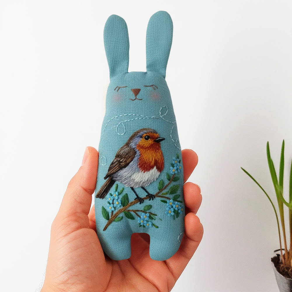 Rubbyoo Bunny Toy Embroidery Kit - Robin On Blue Linen | Novice-friendly Diy | Charming Handmade Gift - 8 inches hoop kit - image 1