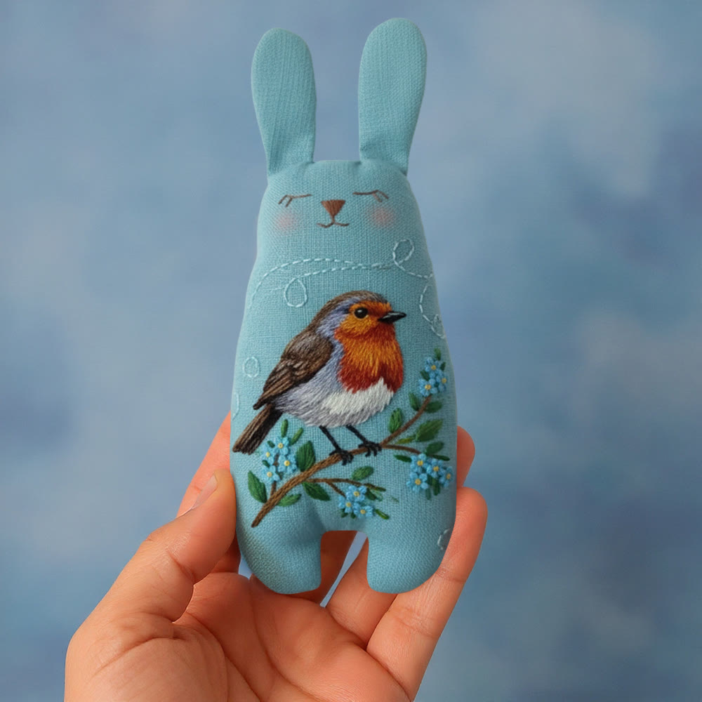 Rubbyoo Bunny Toy Embroidery Kit - Robin On Blue Linen | Novice-friendly Diy | Charming Handmade Gift - image 6