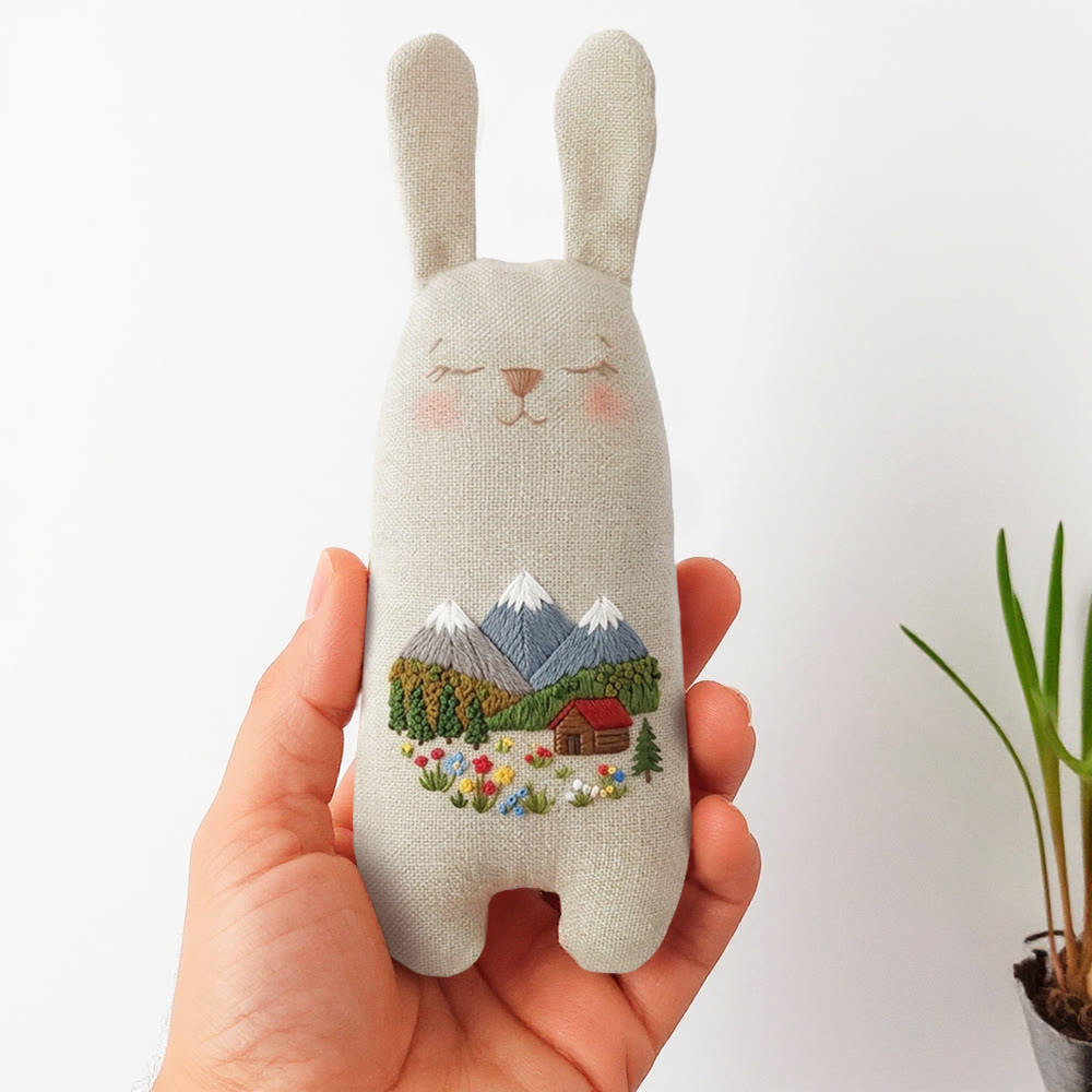 Rubbyoo Bunny Toy Embroidery Kit - Mountain Cabin And Wildflower | Quick Craft | Scenic Home Accent - 8 inches hoop kit - image 1