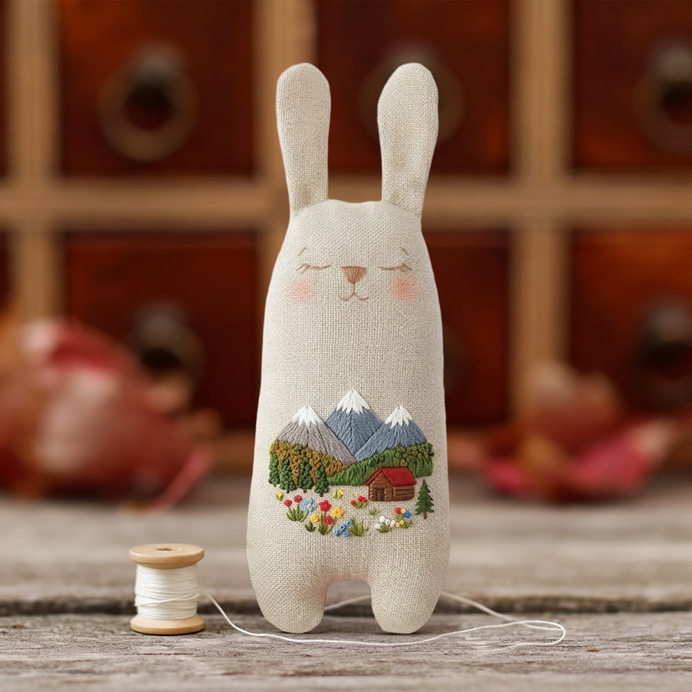Rubbyoo Bunny Toy Embroidery Kit - Mountain Cabin And Wildflower | Quick Craft | Scenic Home Accent - image 3