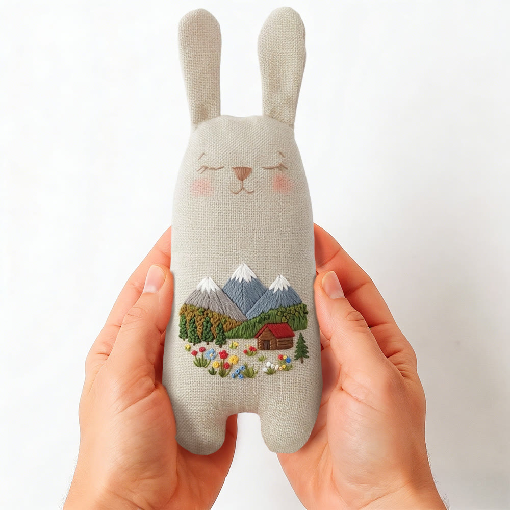 Rubbyoo Bunny Toy Embroidery Kit - Mountain Cabin And Wildflower | Quick Craft | Scenic Home Accent - image 2