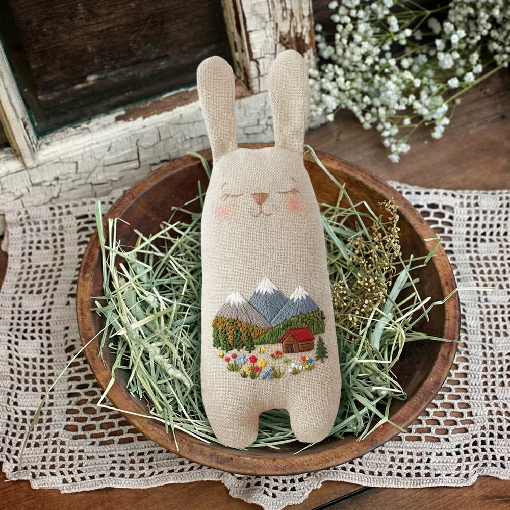 Rubbyoo Bunny Toy Embroidery Kit - Mountain Cabin And Wildflower | Quick Craft | Scenic Home Accent - image 6