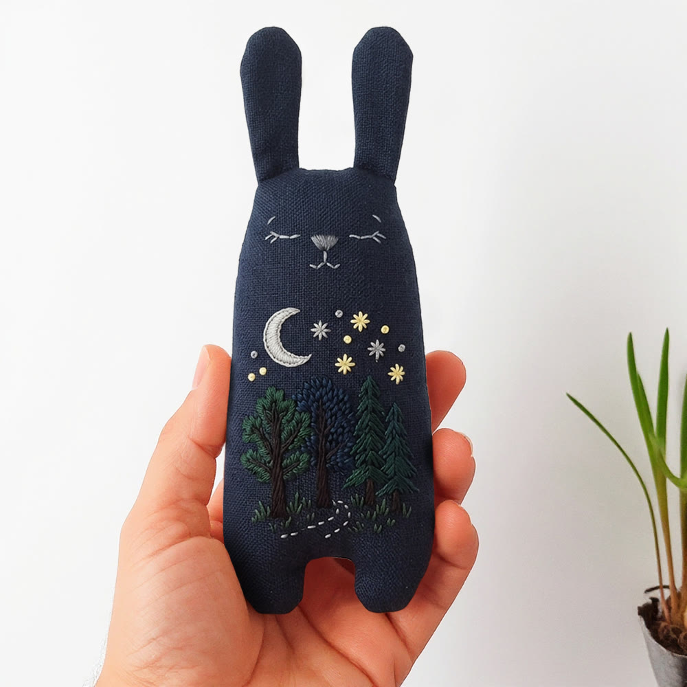 Rubbyoo Bunny Toy Embroidery Kit - Moonlit Pine Forest | Serene Craft | Dreamy Room Embellishment - 8 inches hoop kit - image 1