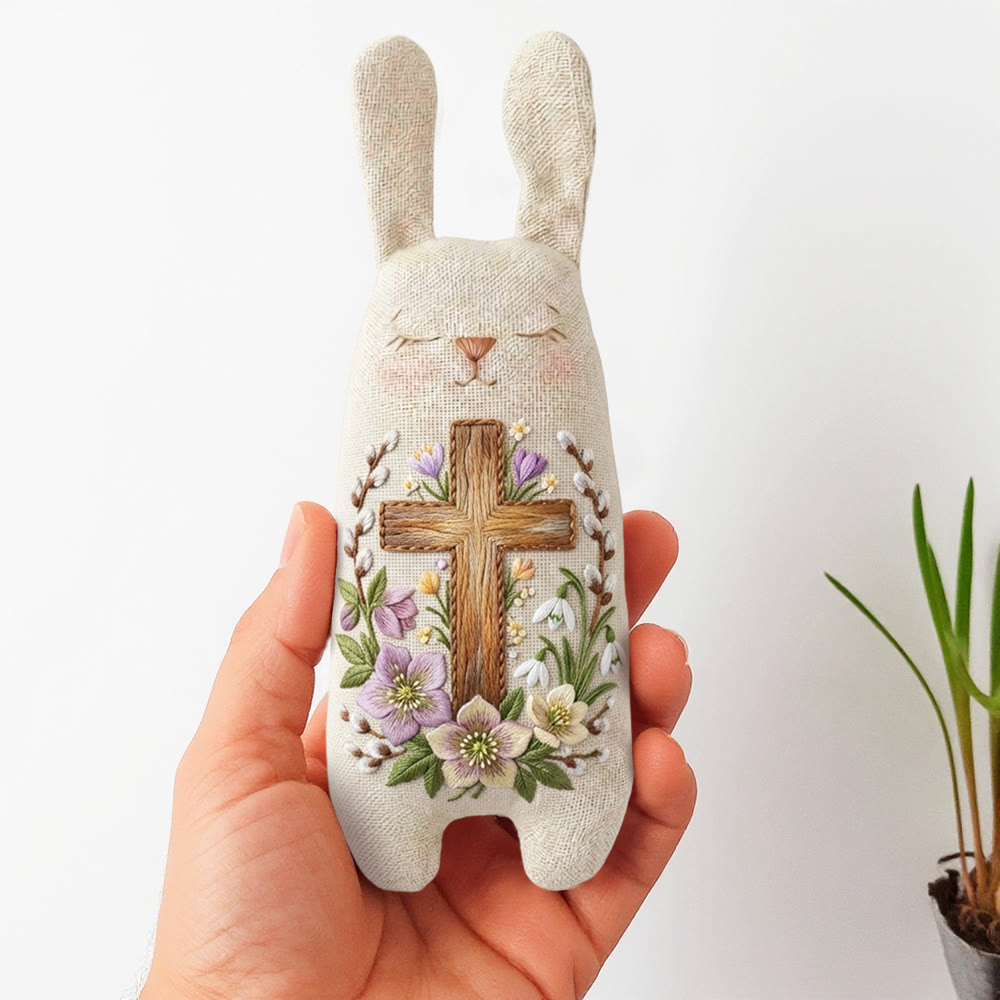 Rubbyoo Bunny Toy Embroidery Kit - Cross And Floral Vine | Breezy Diy | Meaningful Religious Gift - 8 inches hoop kit - image 1