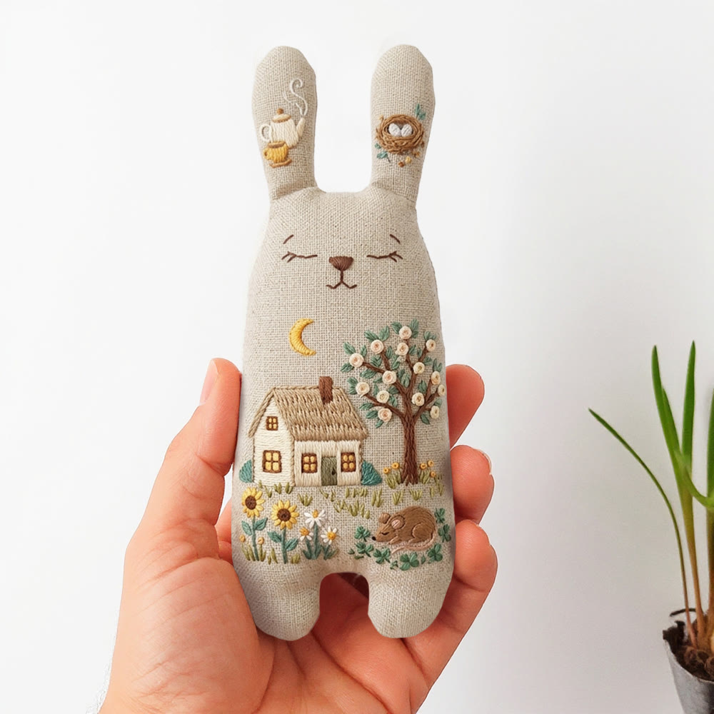 Rubbyoo Bunny Toy Embroidery Kit - Cottage And Moonlit Garden | Beginner-friendly Craft | Idyllic Handmade Ornament - 8 inches hoop kit - image 1
