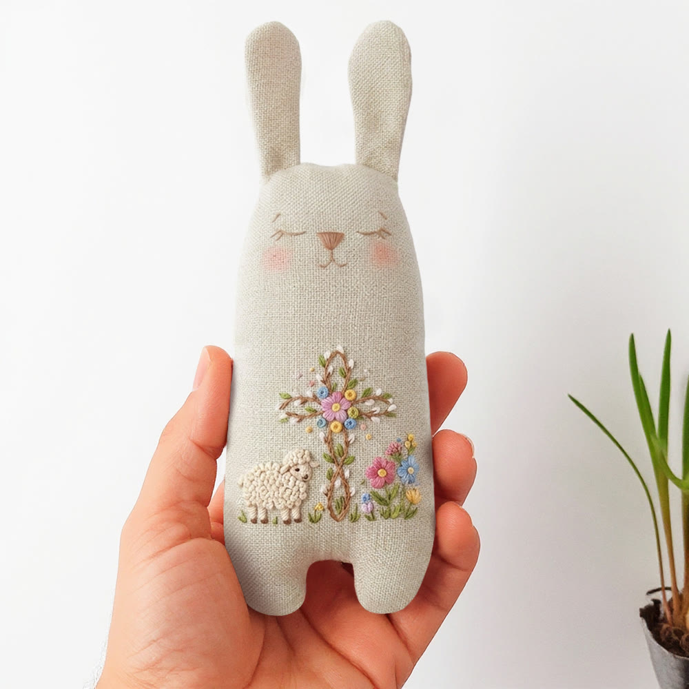 Rubbyoo Bunny Toy Embroidery Kit - Lamb And Floral Cross | Easy Diy Project | Meaningful Religious Keepsake - 8 inches hoop kit - image 1