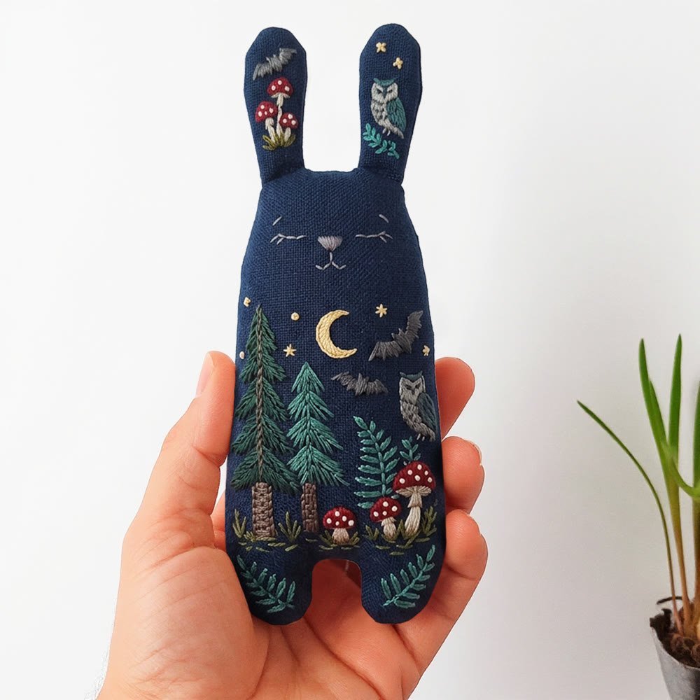 Rubbyoo Bunny Toy Embroidery Kit - Night Forest And Owl | Breezy Diy | Magical Dark Academia Decor - 8 inches hoop kit - image 1
