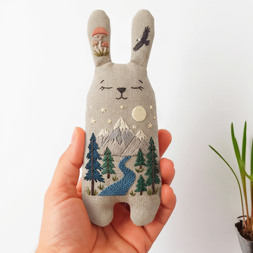 Rubbyoo Bunny Toy Embroidery Kit - Mountain Stream And Pine | Creative Craft | Scenic Wilderness-inspired Ornament - 8 inches hoop kit - image 1