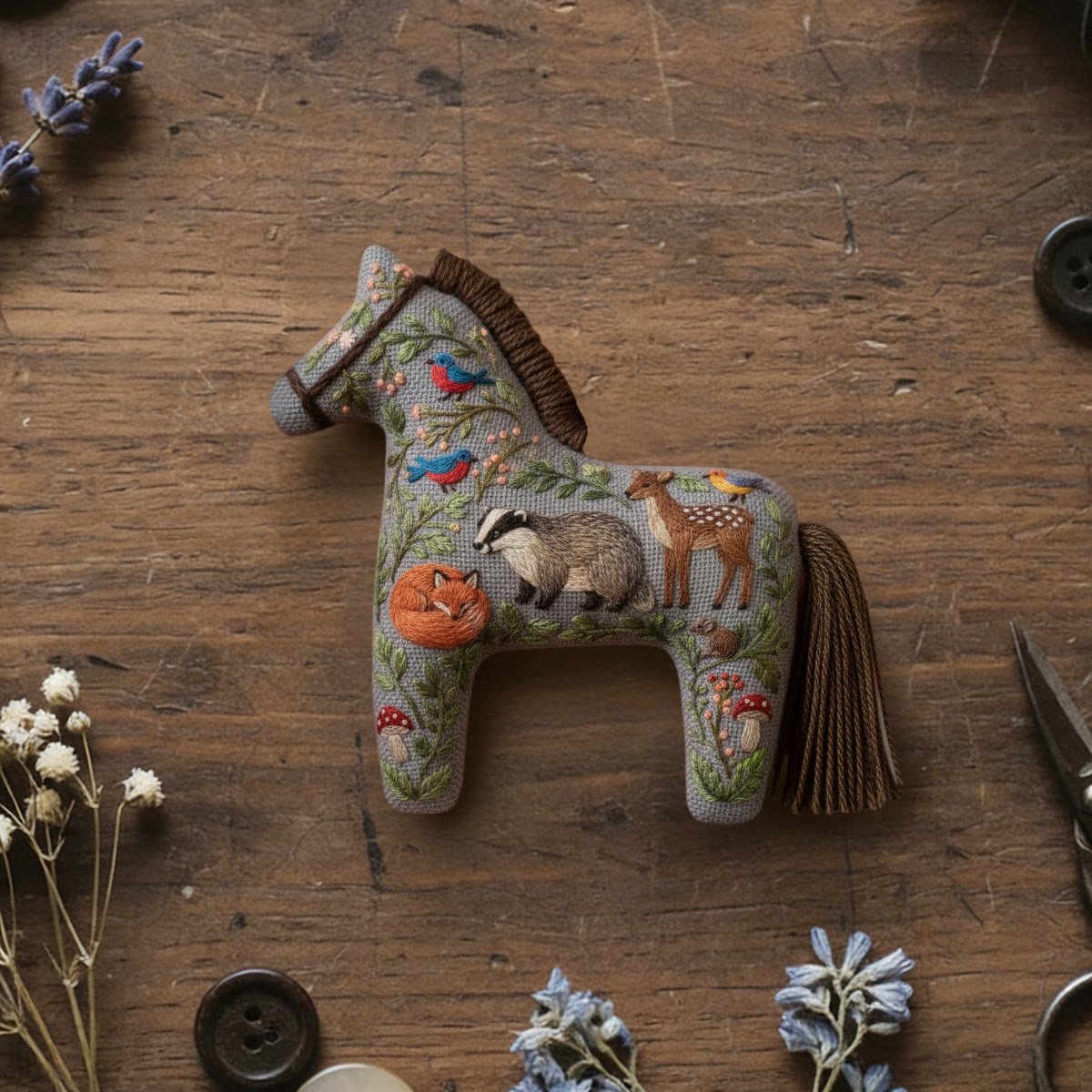 Rubbyoo Dala Horse Embroidery Kit - Fox&deer | Sewing Handmade Gift | Lovely Pendant - 6 inches hoop kit - image 1