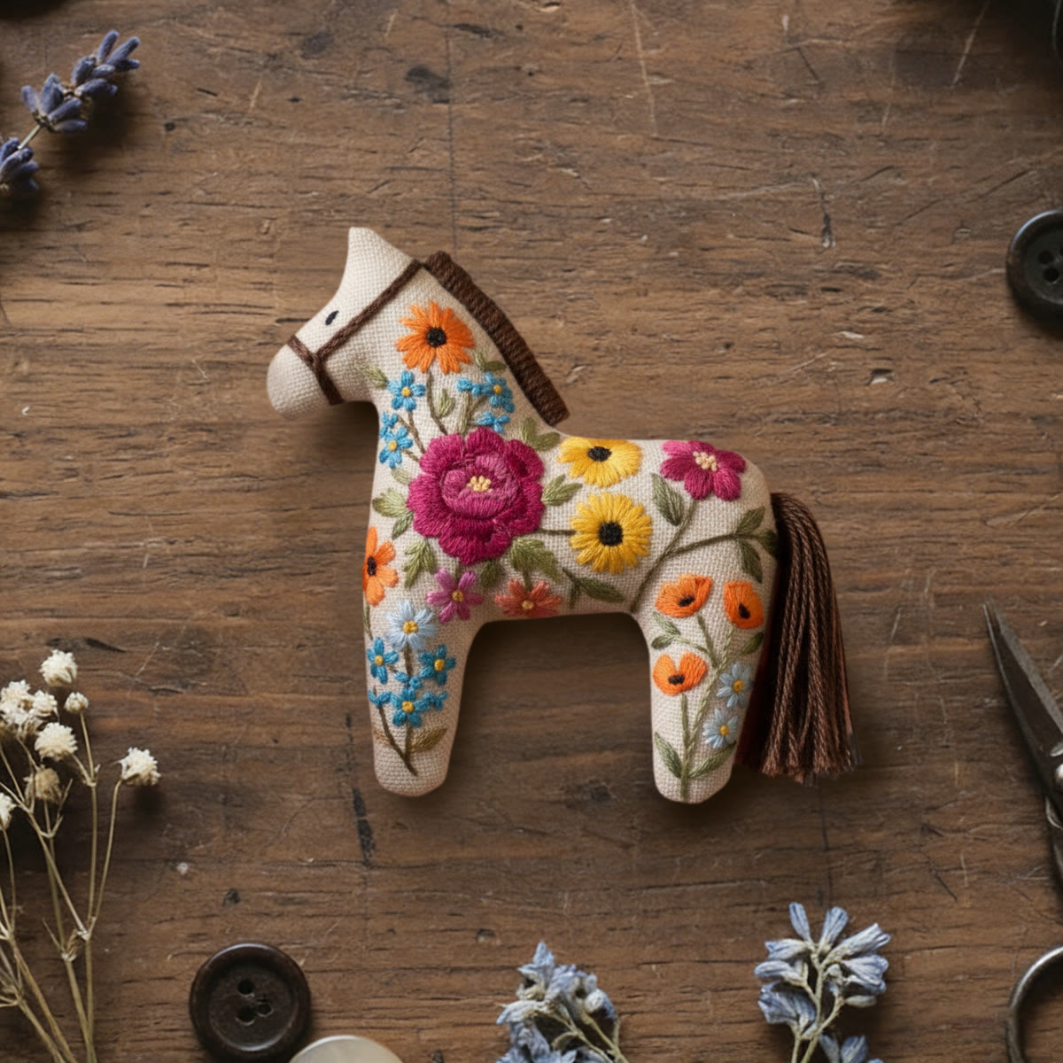 Rubbyoo Dala Horse Embroidery Kit - Garden | Sewing Handmade Gift | Bright Colours Pendant - 6 inches hoop kit - image 1