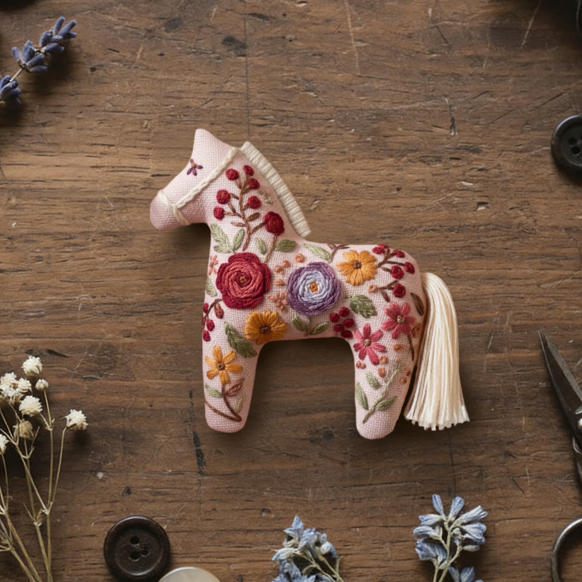 Rubbyoo Dala Horse Embroidery Kit - Rose | Sewing Handmade Gift | Pretty Pendant - 6 inches hoop kit - image 1