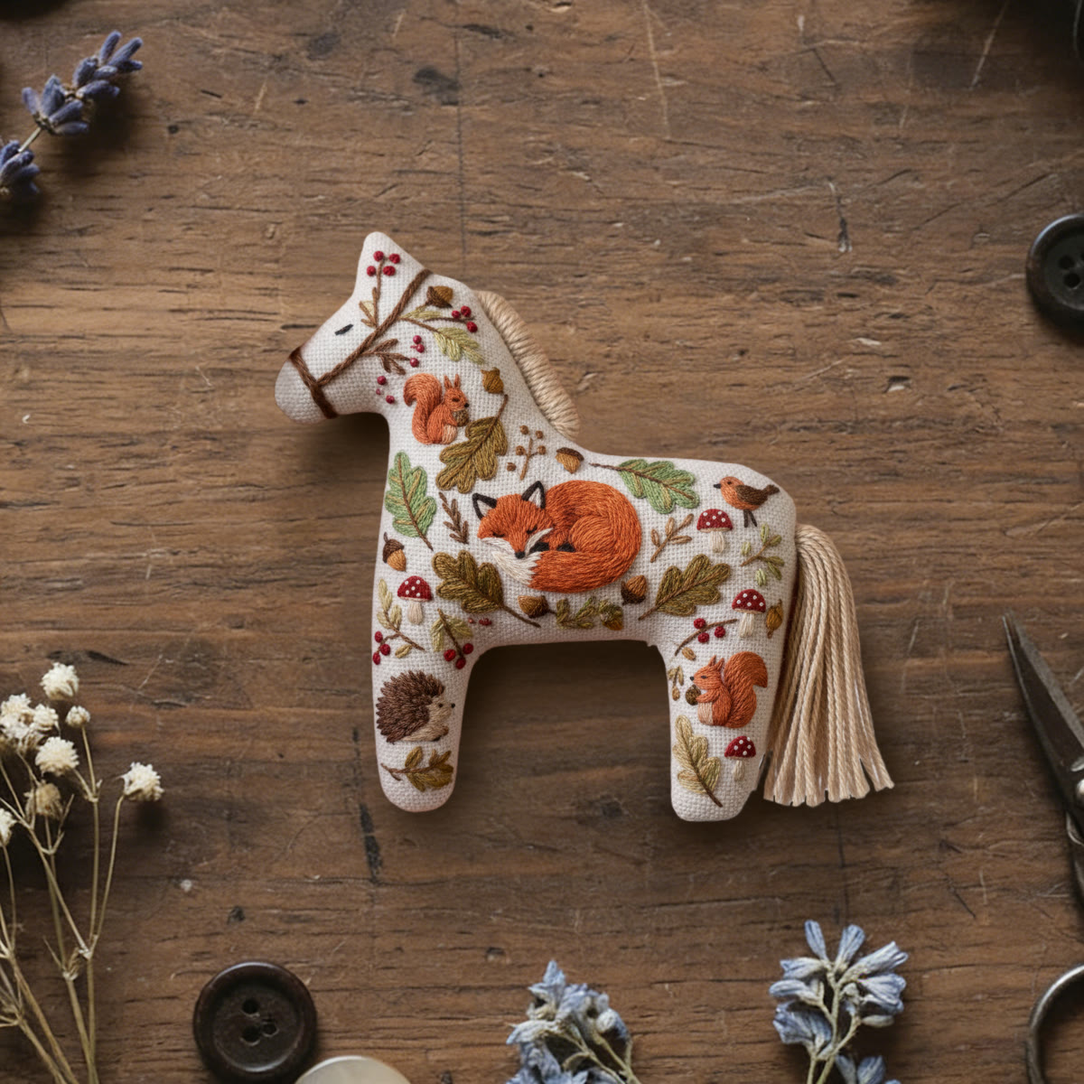 Rubbyoo Dala Horse Embroidery Kit - Cute Fox | Sewing Handmade Gift | Animals In Autumn Pendant - 6 inches hoop kit - image 1