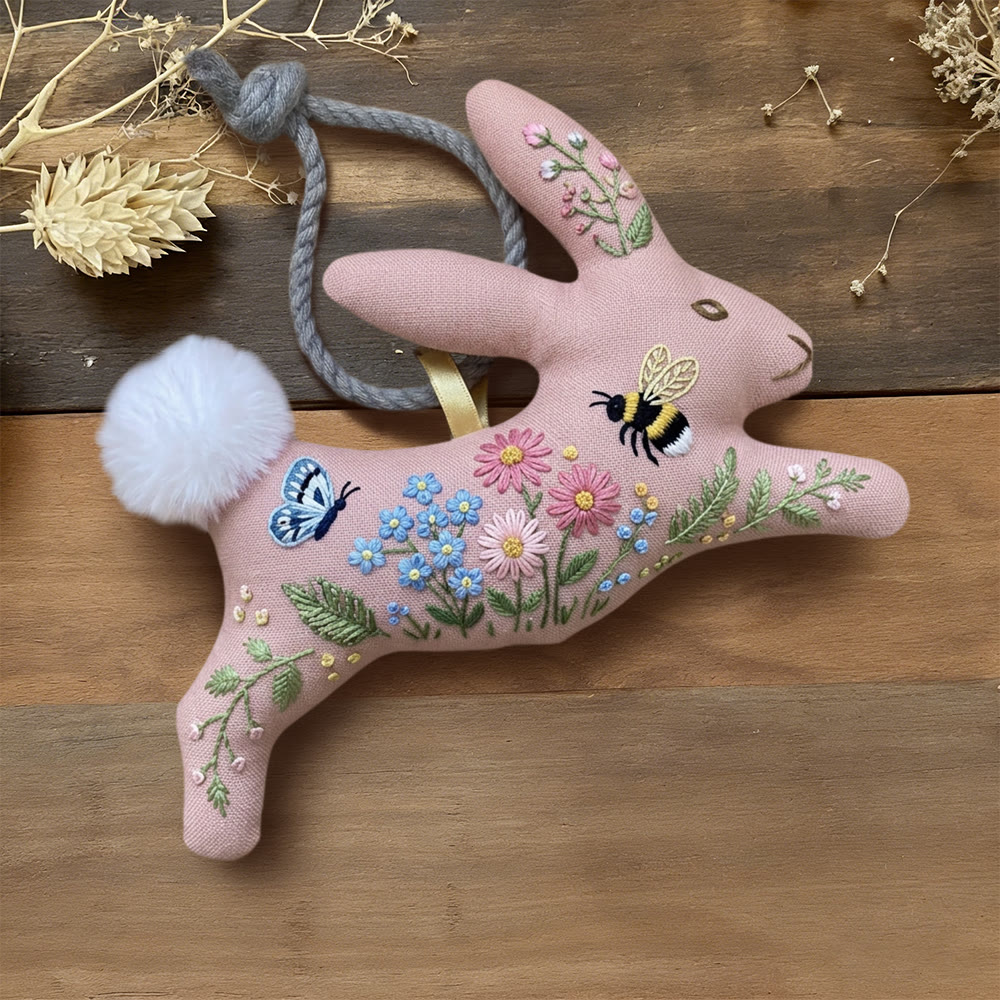 Rubbyoo Rabbit Embroidery Kit - Pink Rabbit  | Diy Floral Art | Easter Handmade Craft  - 6 inches hoop kit - image 1