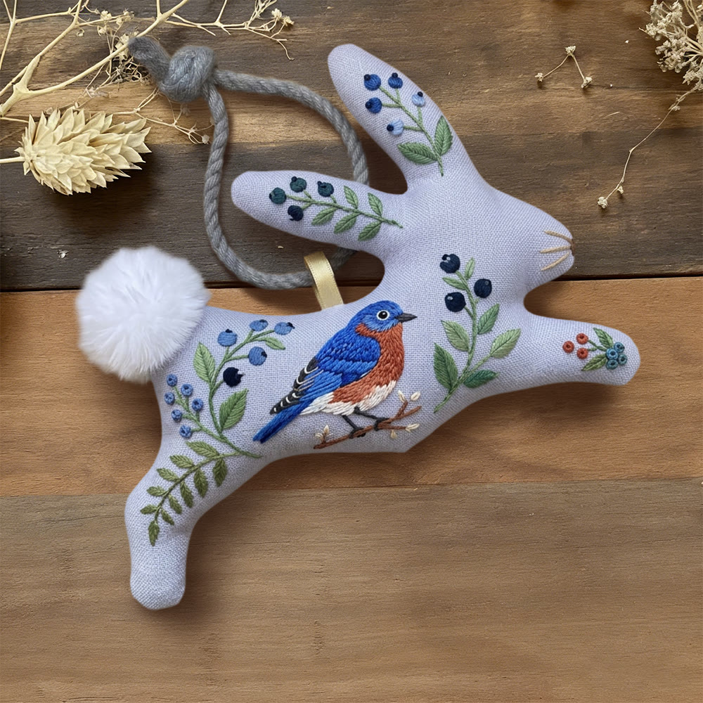 Rubbyoo Rabbit Embroidery Kit - Blue Bird | Sewing Holiday Ornament | Handmade Stitch Craft  - 6 inches hoop kit - image 1