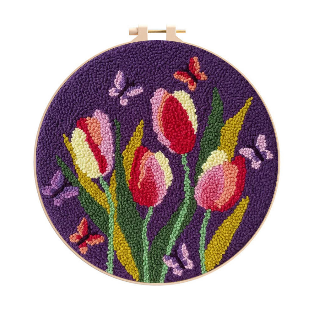Butterflies And Tulips Punch Needle Kit - Unique Hoop Art | Nice Handmade Gift For Mom - 8 inch Hoop Kit - image 1