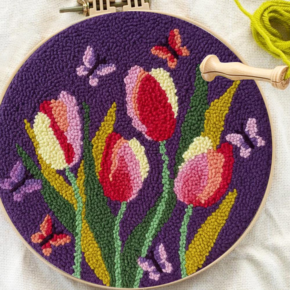 Butterflies And Tulips Punch Needle Kit - Unique Hoop Art | Nice Handmade Gift For Mom - image 4