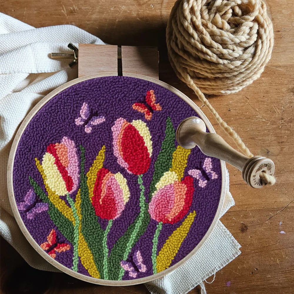 Butterflies And Tulips Punch Needle Kit - Unique Hoop Art | Nice Handmade Gift For Mom - image 3
