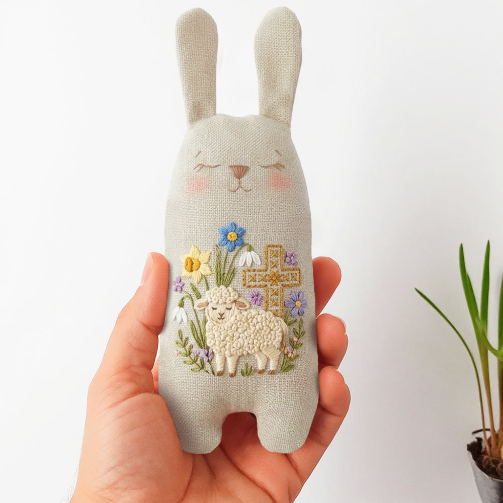 Rubbyoo Bunny Toy Embroidery Kit - Cross And Sheep | Eligious Christian Gift |handmade Bunny Craft  - 8 inches hoop kit - image 1