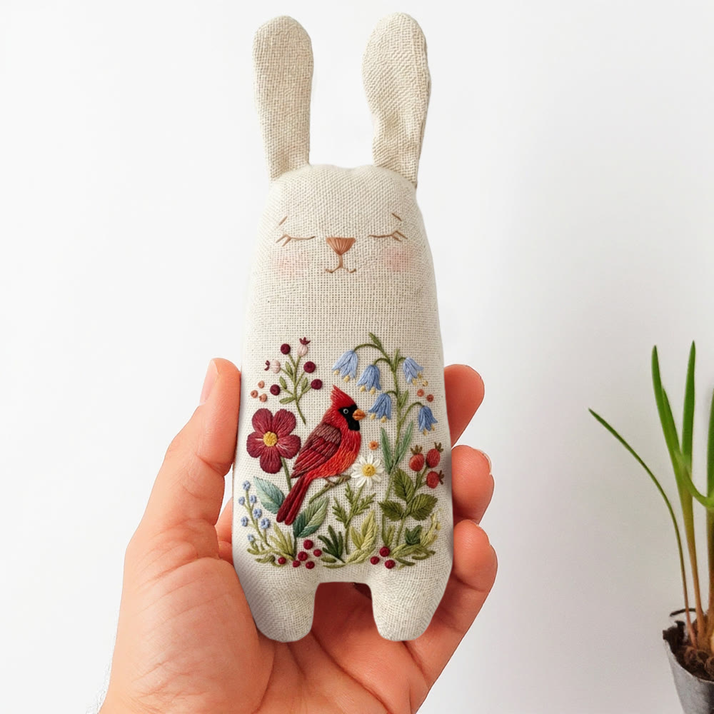 Rubbyoo Bunny Toy Embroidery Kit - Floral Cardinal Bird | Spring Handmade Craft | Sewing Animal Toy - 8 inches hoop kit - image 1