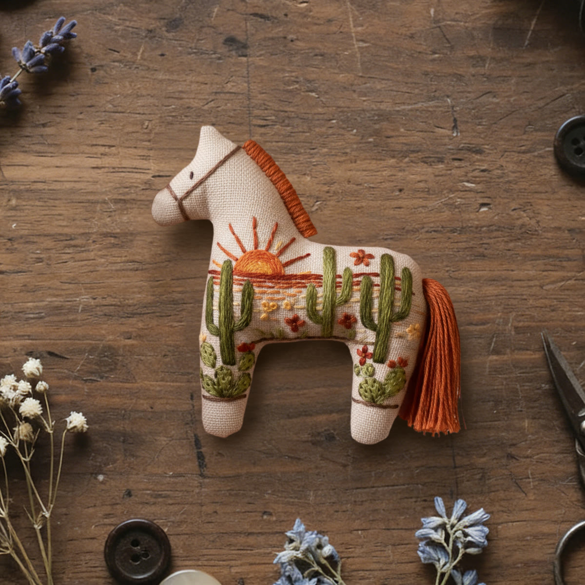 Rubbyoo Dala Horse Embroidery Kit - Sun And Cactus | Cute Handmade Gift | Bedroom Decoration - 6 inches hoop kit - image 1