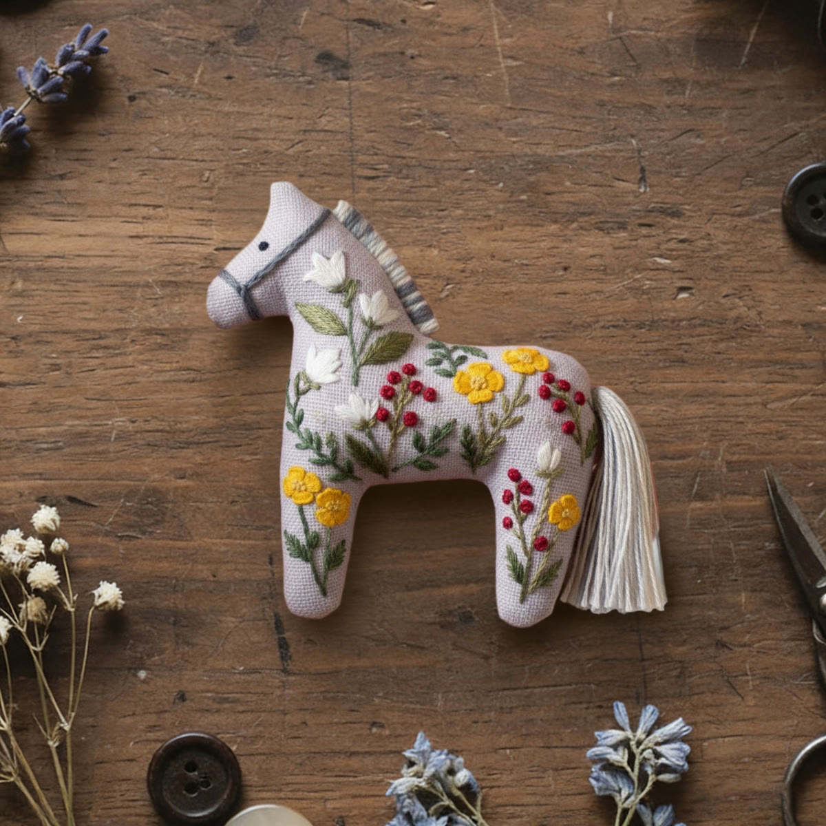 Rubbyoo Dala Horse Embroidery Kit - White And Yellow Flower | Sewing Handmade Gift | Nature-inspired Home Decor  - 6 inches hoop kit - image 1