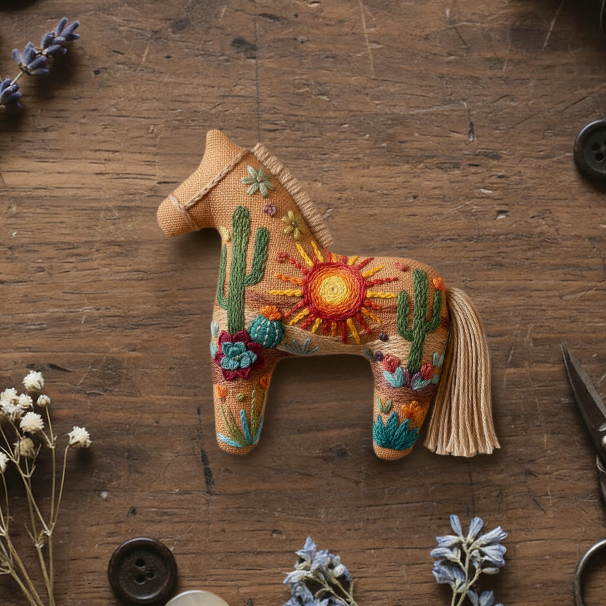 Rubbyoo Dala Horse Embroidery Kit - Sun And Desert | Unique Gift For Nature Lovers | Personalized Bag Charm  - 6 inches hoop kit - image 1