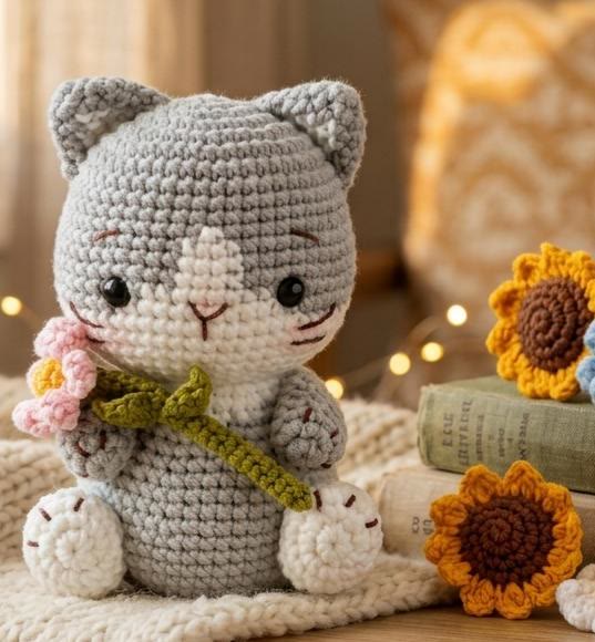 Diy Handmade Adorable Kittens Crochet Kit - Animal Plush Toy | Perfect Gift For Cat Lovers - Gray - image 3