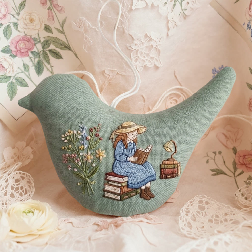 Rubbyoo Bird-shaped Embroidery Kit - Reading Girls | Handmade Spring Decor | Unique Gift For Mom - 6 inches hoop kit - image 1