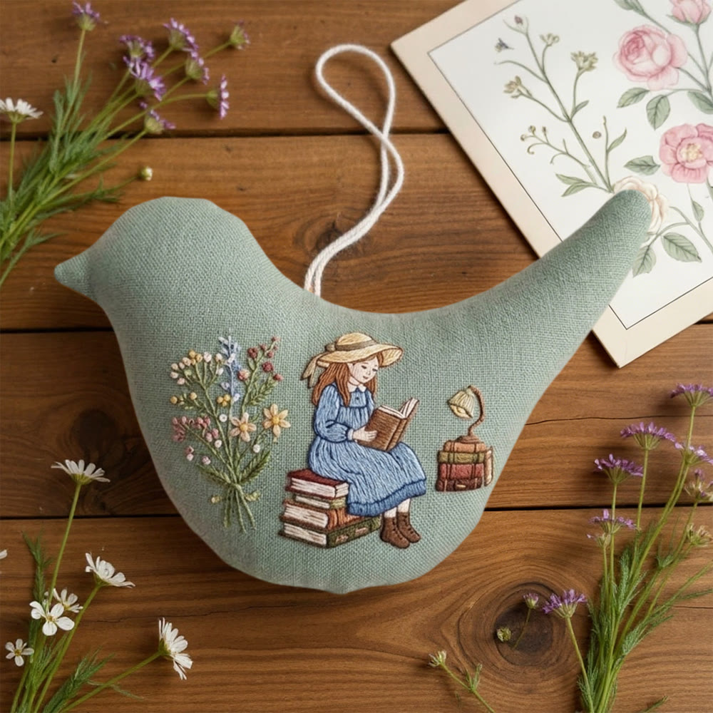 Rubbyoo Bird-shaped Embroidery Kit - Reading Girls | Handmade Spring Decor | Unique Gift For Mom - image 2