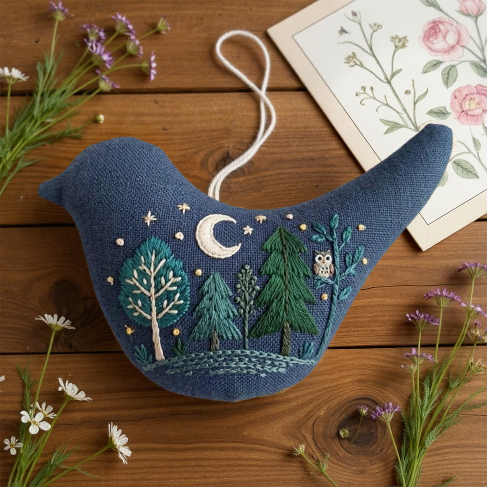 Rubbyoo Bird-shaped Embroidery Kit - Forest At Night | Bird Sewing Pattern | Diy Handmade Art  - image 2