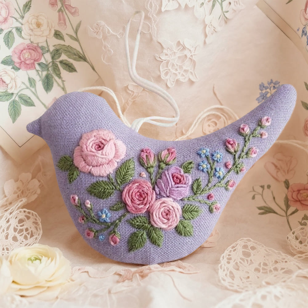 Rubbyoo Bird-shaped Embroidery Kit - Rose Love | Diy Spring Decorations | Gift For Mom - 6 inches hoop kit - image 1