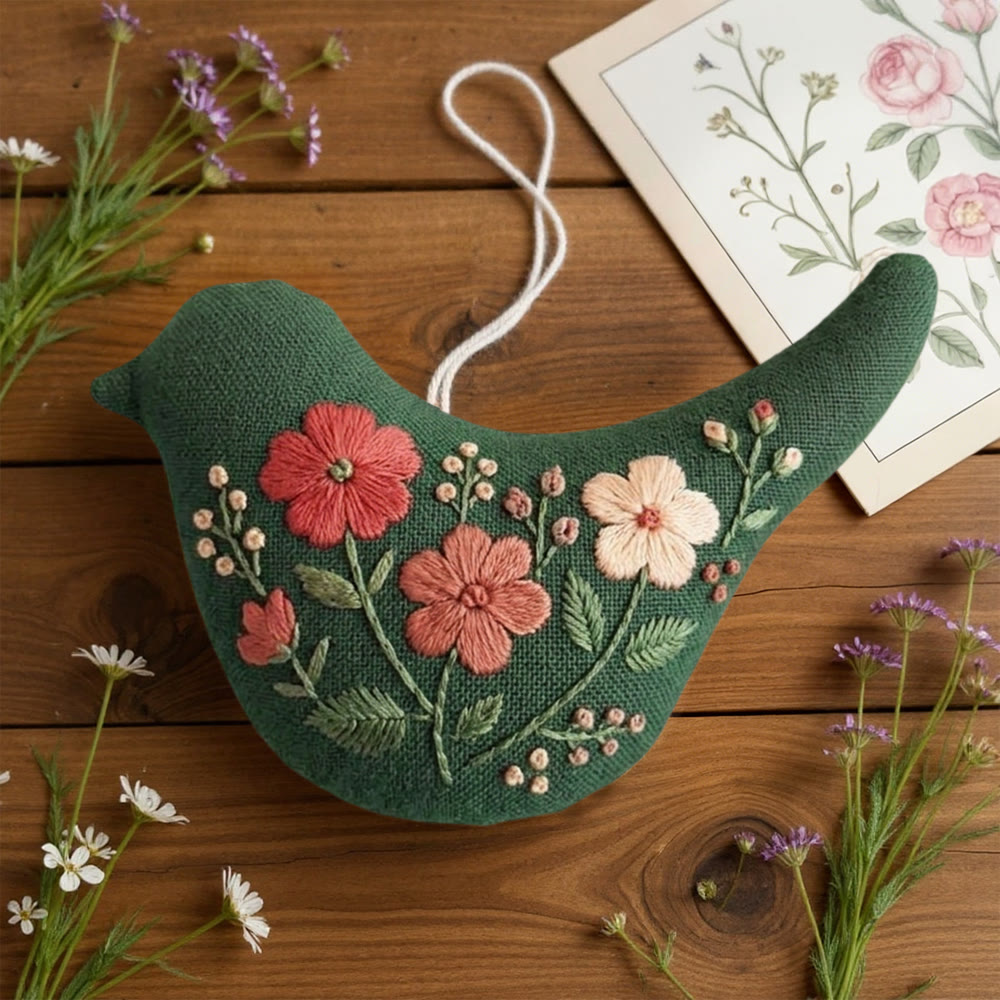 Rubbyoo Bird-shaped Embroidery Kit - Floral Bird | Handmade Textile Ornaments | Whimsical Birds Art - image 2