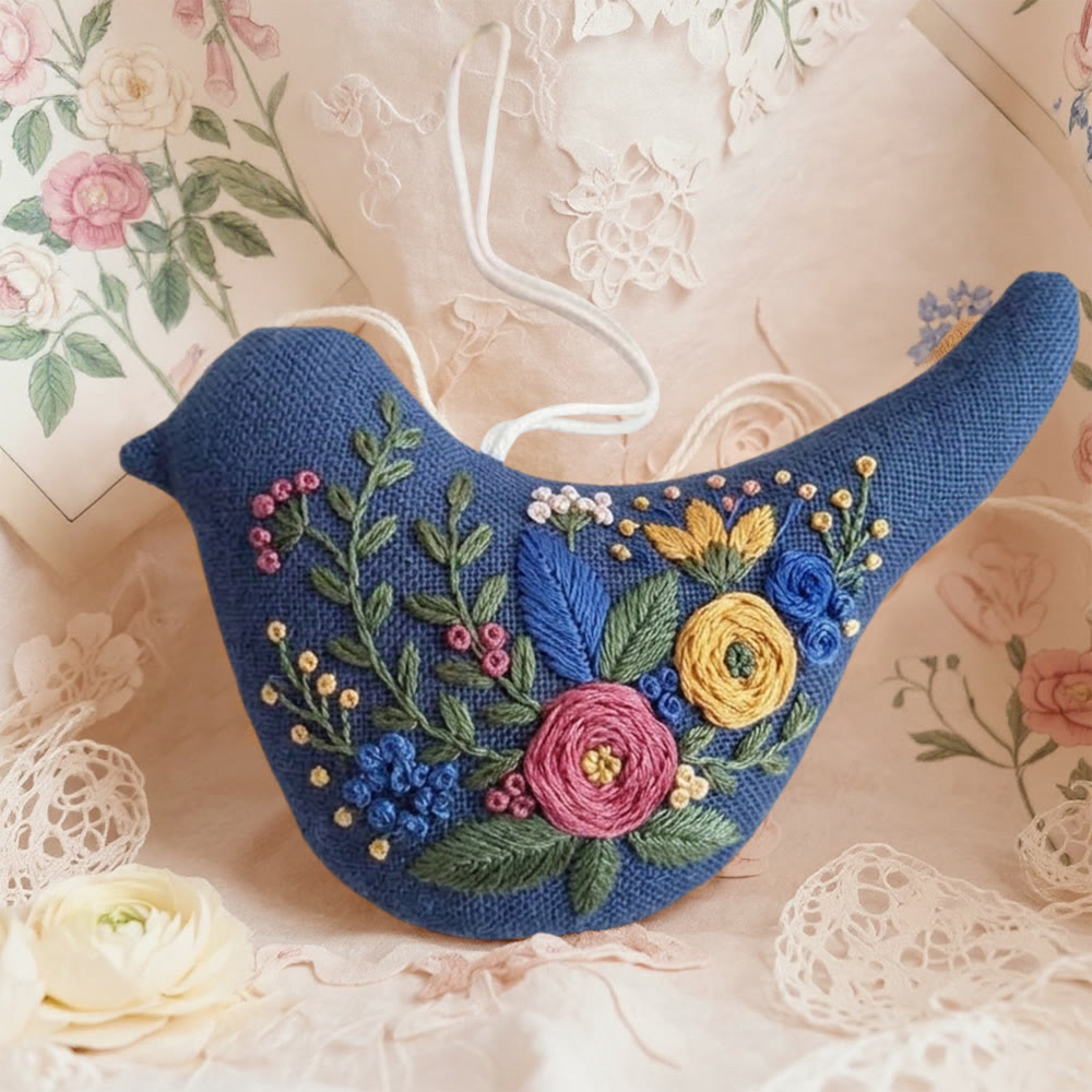 Rubbyoo Bird-shaped Embroidery Kit - Wildflower Bouquet | Cottagecore Gift | Handmade Fiber Art - 6 inches hoop kit - image 1