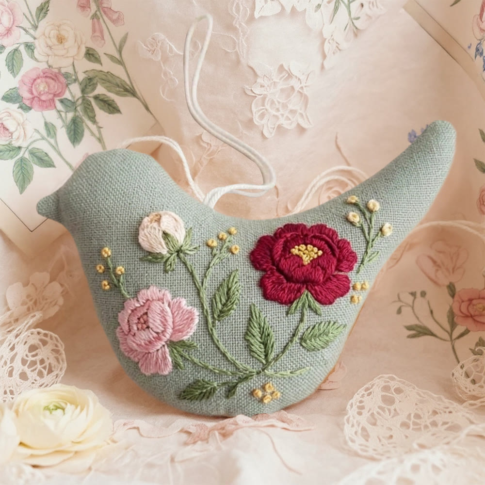 Rubbyoo Bird-shaped Embroidery Kit - Vintage Rose Design | Romantic Cottage Style Embroidery | Craft Lover Gift  - 6 inches hoop kit - image 1