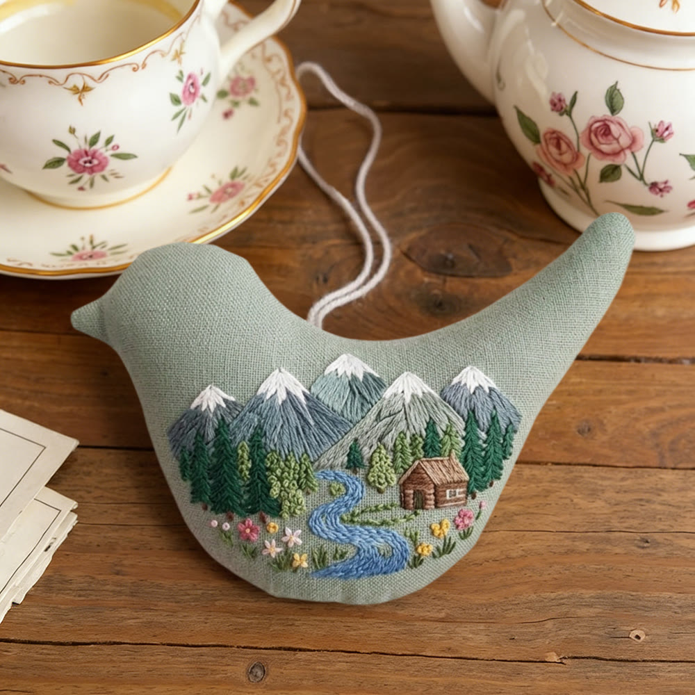 Rubbyoo Bird-shaped Embroidery Kit - Mountain Landscape | Outdoor Enthusiast Gift | Rustic Hanging Home Accent - image 2
