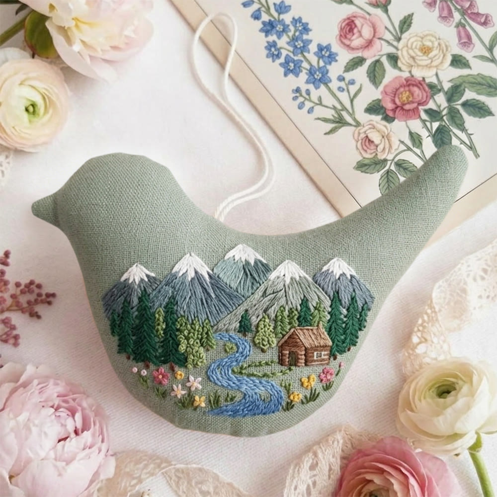Rubbyoo Bird-shaped Embroidery Kit - Mountain Landscape | Outdoor Enthusiast Gift | Rustic Hanging Home Accent - image 3
